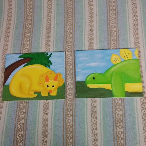 DINOSAUR PAINTINGS SET OF 2 CHILDREN'S ROOM DECOR - Picture 1 of 12